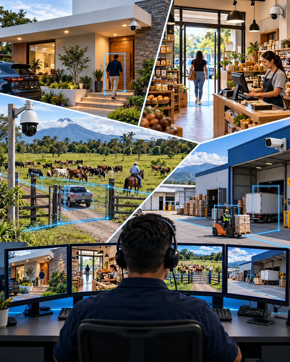 Collage ilustrativo de monitoreo de hogar, negocio, hacienda e industria, conectado con un operador de la central